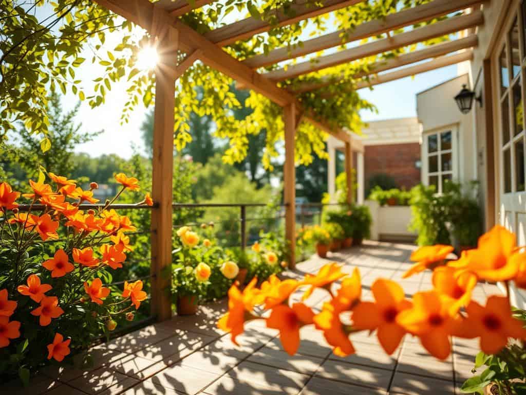 Orange und gelbe Blüten auf Terrasse Orange und gelbe Blüten auf Terrasse