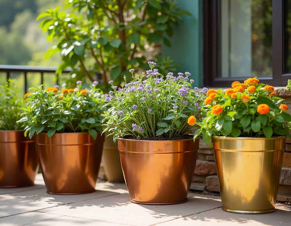 Terrasse mit Blumenkübel aus Metallfarben wie Kupfer, Bronze und Gold