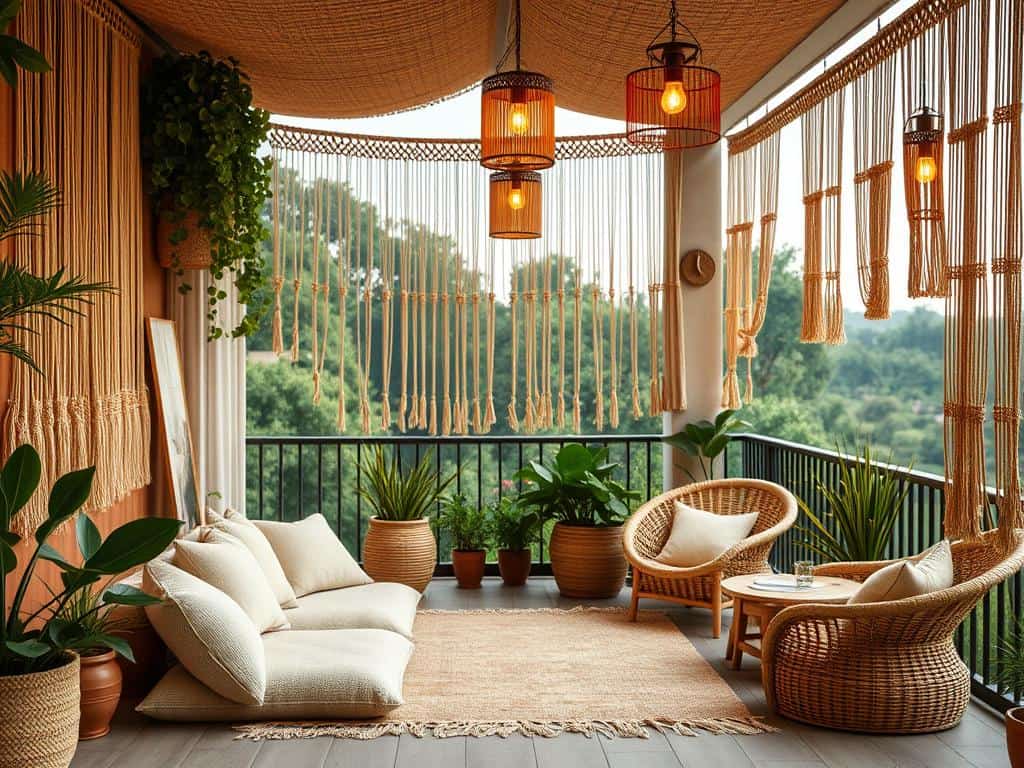 Boho-Terrassenkonzept mit Makramee-Wandbehängen