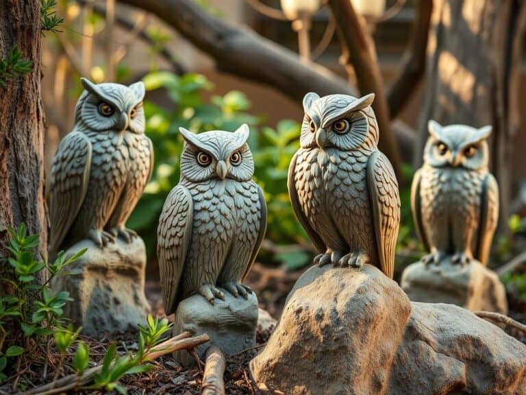 Mehr über den Artikel erfahren Eulen-Figuren aus Stein für naturnahe Landhaus-Dekoration