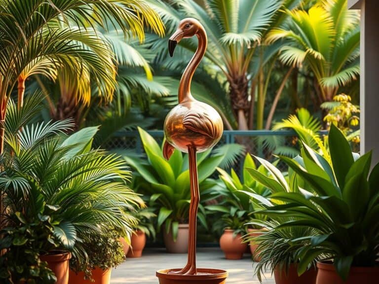 Mehr über den Artikel erfahren Flamingo-Deko aus Metall für tropische Outdoor-Lounges