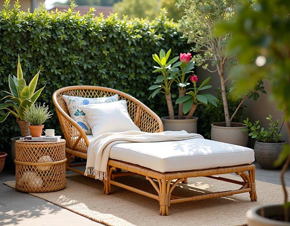 Boho Gartenliege auf Terrasse Boho Gartenliege auf Terrasse