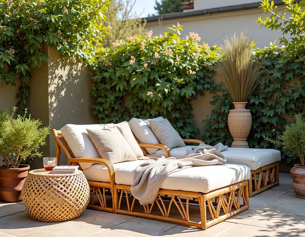 Gartenliege auf Terrasse im Boho-Stil Gartenliege auf Terrasse im Boho-Stil