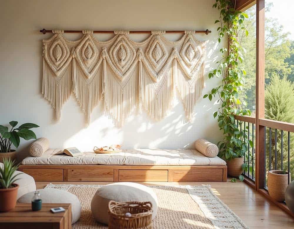 Makramee-Wandbehänge auf einer Boho-Terrasse Makramee-Wandbehänge auf einer Boho-Terrasse