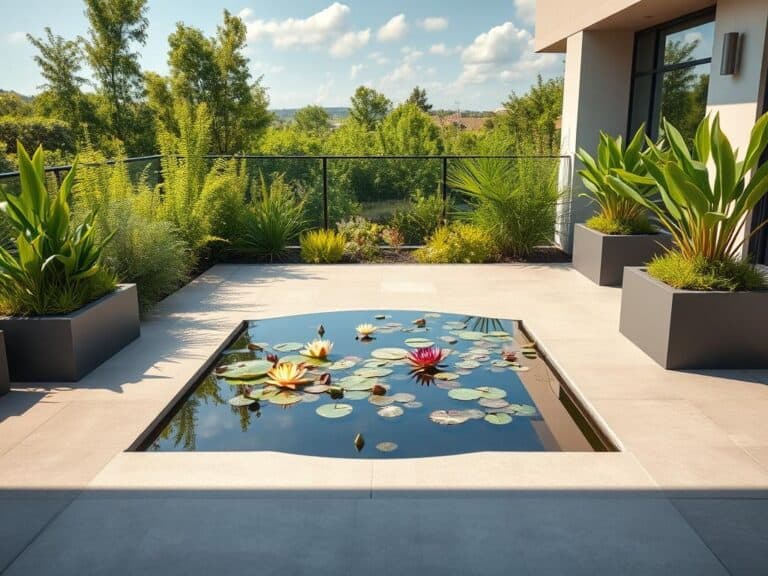 Mehr über den Artikel erfahren Miniteich mit Schwimmpflanzen für moderne Terrassen