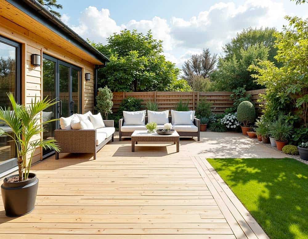 Terrasse mit Gartenmöbel und mit Lärche-Terrassendielen Terrasse mit Gartenmöbel und mit Lärche-Terrassendielen