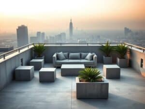 Mehr über den Artikel erfahren Dachterrassen mit Beton Couches und Sitzwürfeln minimalistisch gestalten