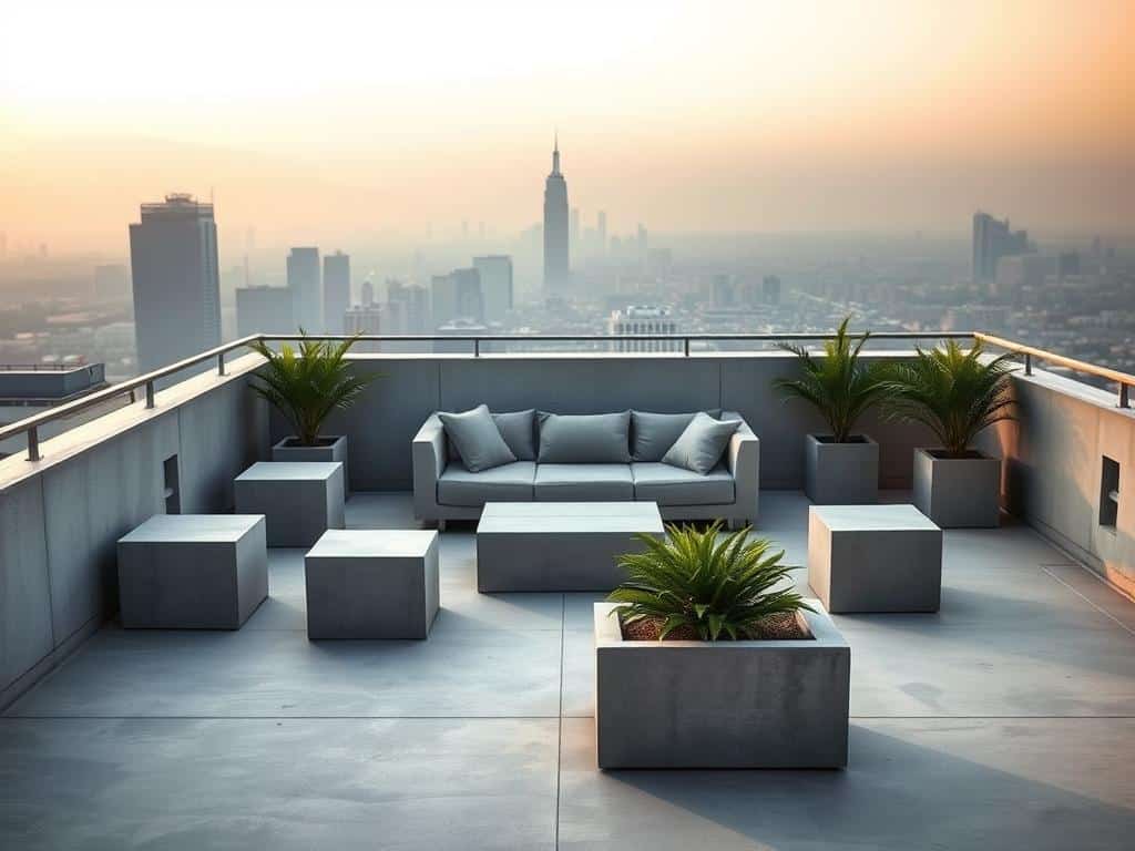 Du betrachtest gerade Dachterrassen mit Beton Couches und Sitzwürfeln minimalistisch gestalten