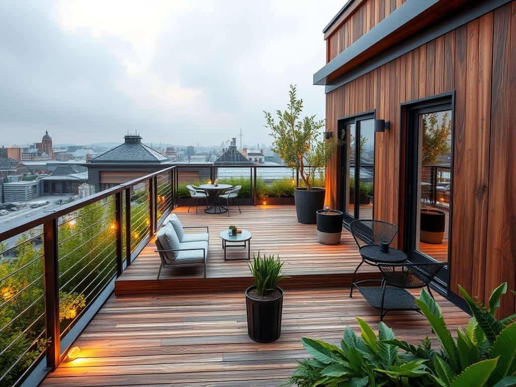 Du betrachtest gerade Kombination von Holz und Metall für kontrastreiche Dachterrassenideen