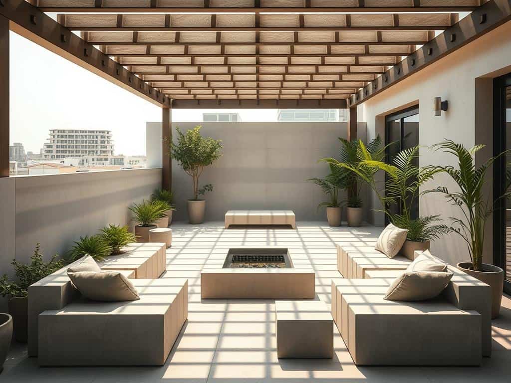Zen-inspirierte Dachterrasse mit Betonmöbeln
