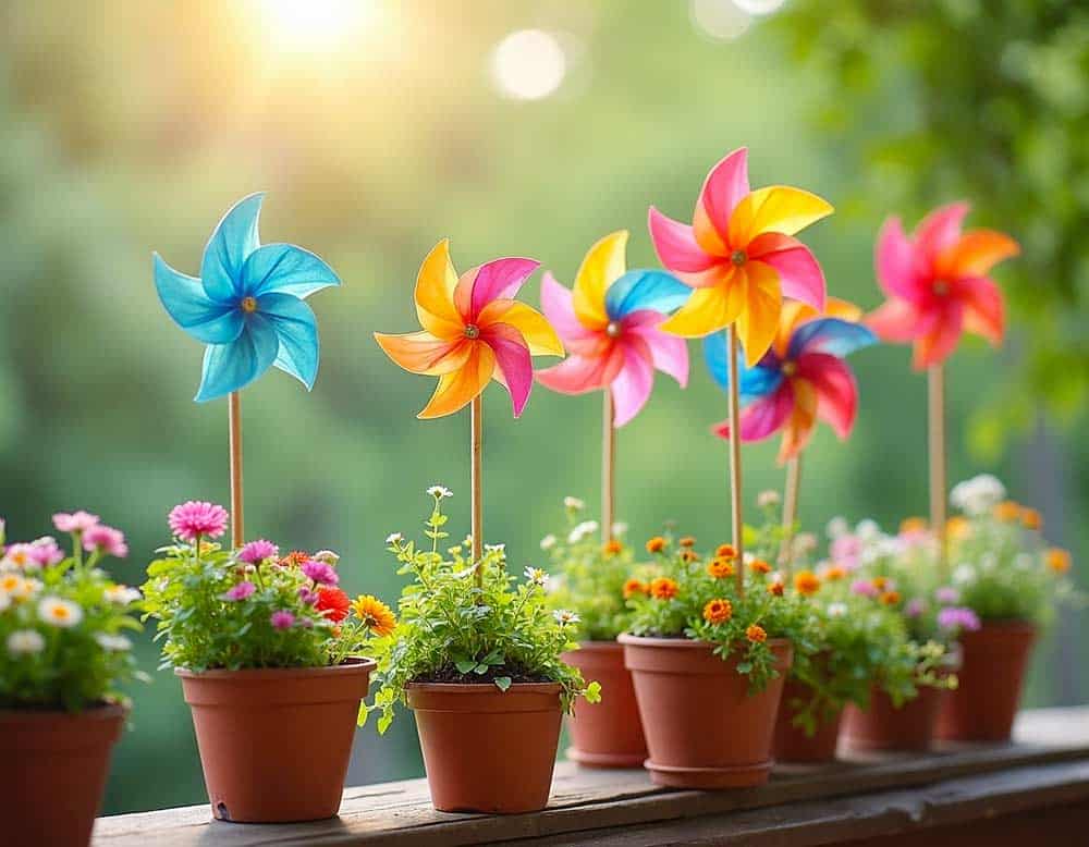 Bunte Windrad-Deko in Blumentöpfen