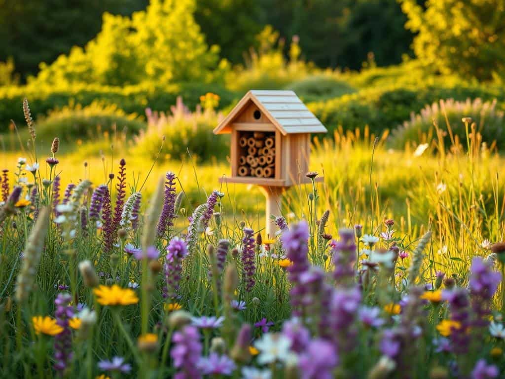 Harmonie von Wildblumenwiese und Insektenhotel