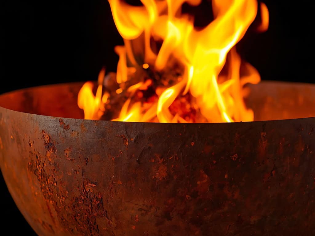 Feuerschale aus Cortenstahl mit glühenden Flammen