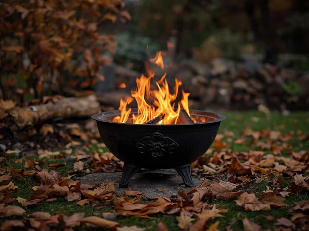 Gusseisen Feuerschale im Herbstgarten mit Laub