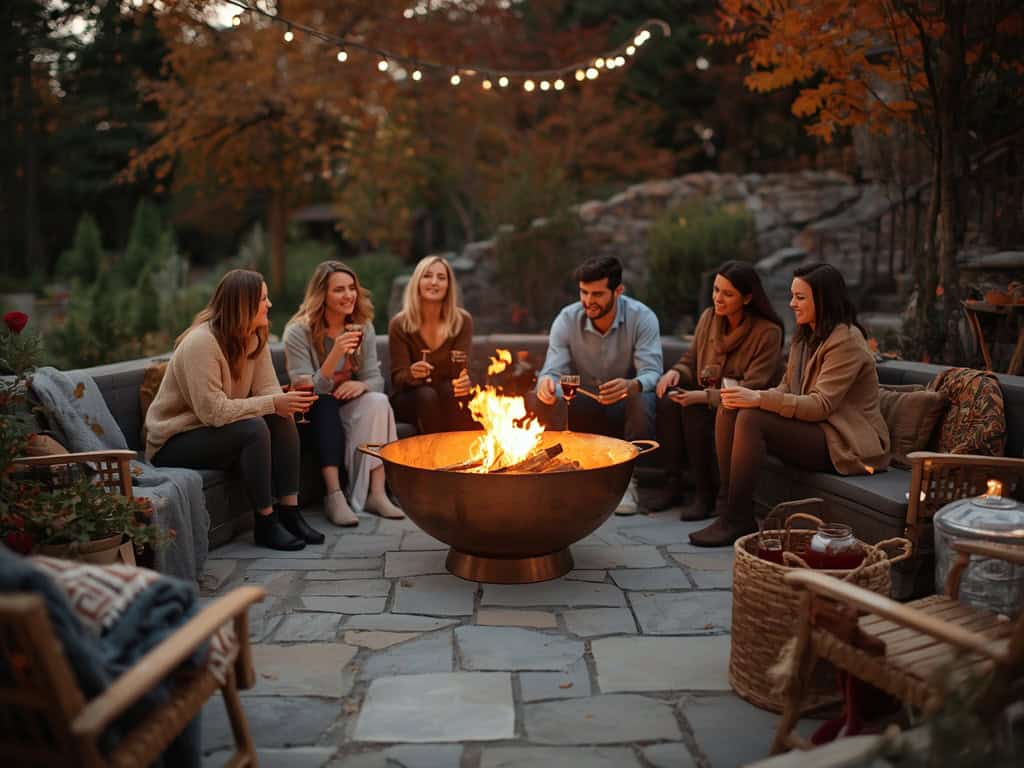 Kupfer Feuerschale auf Terrasse mit Gästen im Herbst