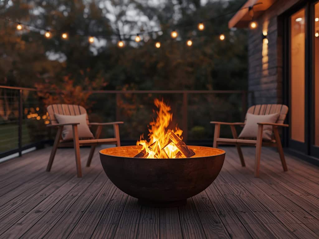 Feuerschale auf der Terrasse am Abend