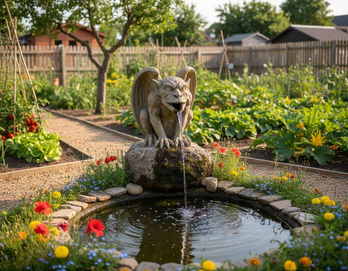 Gargoyle als Wasserspeier als Blickfang im Garten Gargoyle als Wasserspeier als Blickfang im Garten