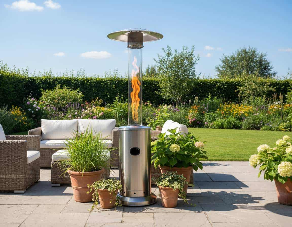 Moderner Heizstrahler im Garten aus Edelstahl