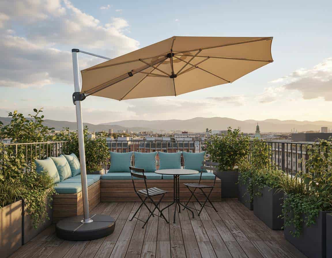 Kippbare Sonnenschirme mit kleinem Sockelfuß für beengte Dachterrassenflächen
