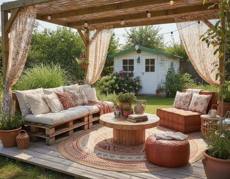 Mehr über den Artikel erfahren Terrassen im Boho Stil mit warmen Erdtönen und Mustern