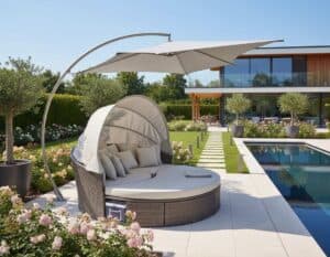 Mehr über den Artikel erfahren Runde Sitzinsel mit integriertem Sonnensegel – Sonneninseln für den Luxus-Stil