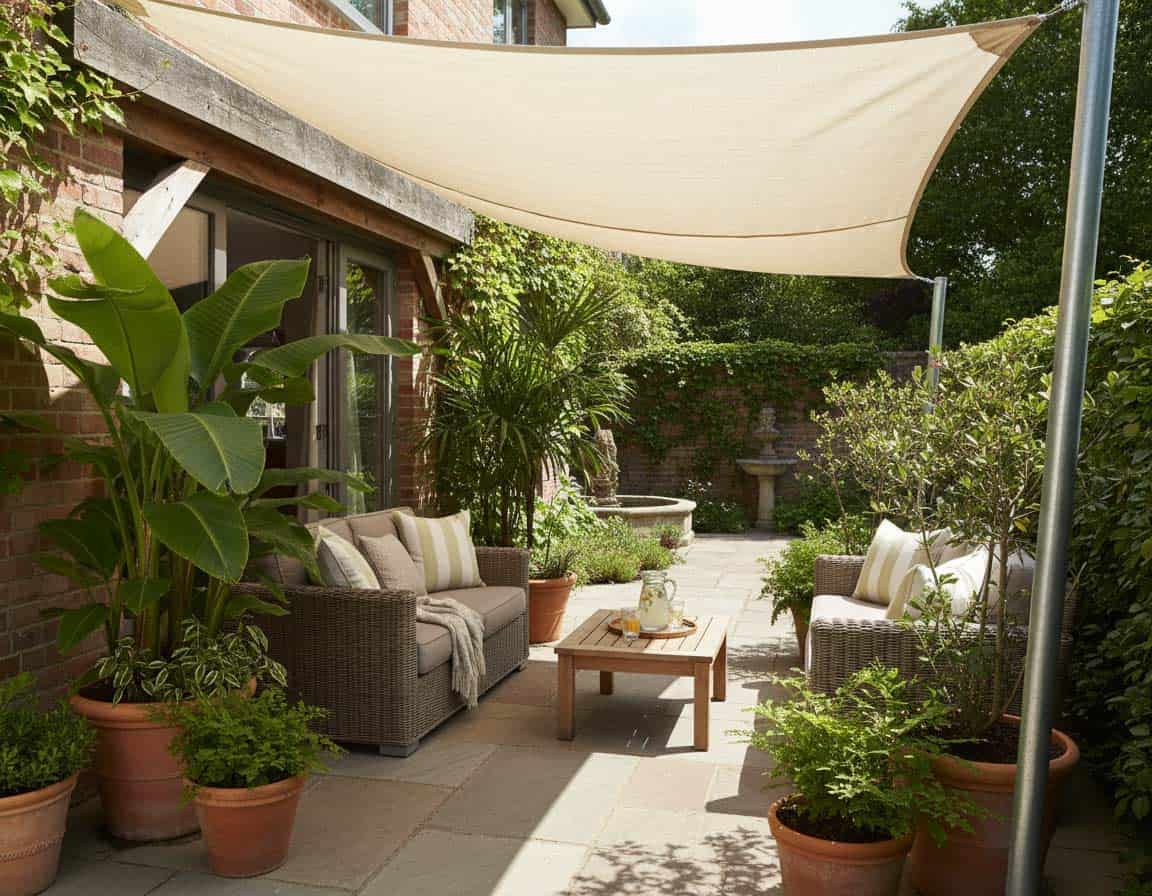 Terrasse beschatten mit Pflanzen und Sonnensegel
