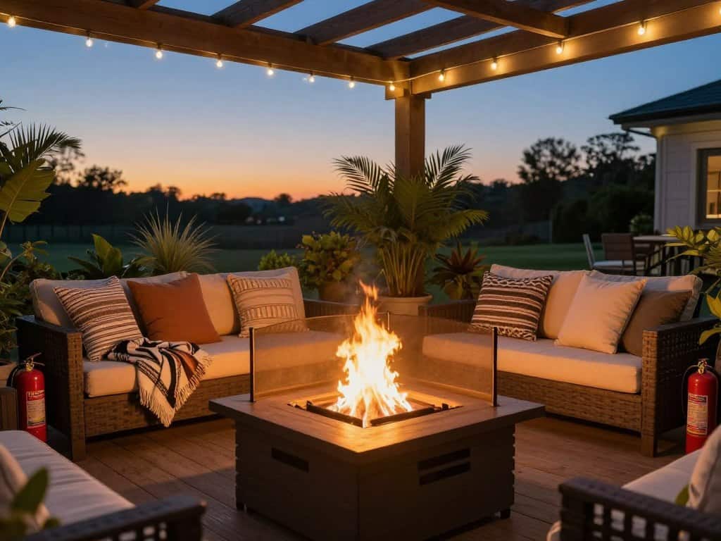 Feuerstelle auf der Terrasse mit Sicherheitsvorkehrungen Feuerstelle auf der Terrasse mit Sicherheitsvorkehrungen