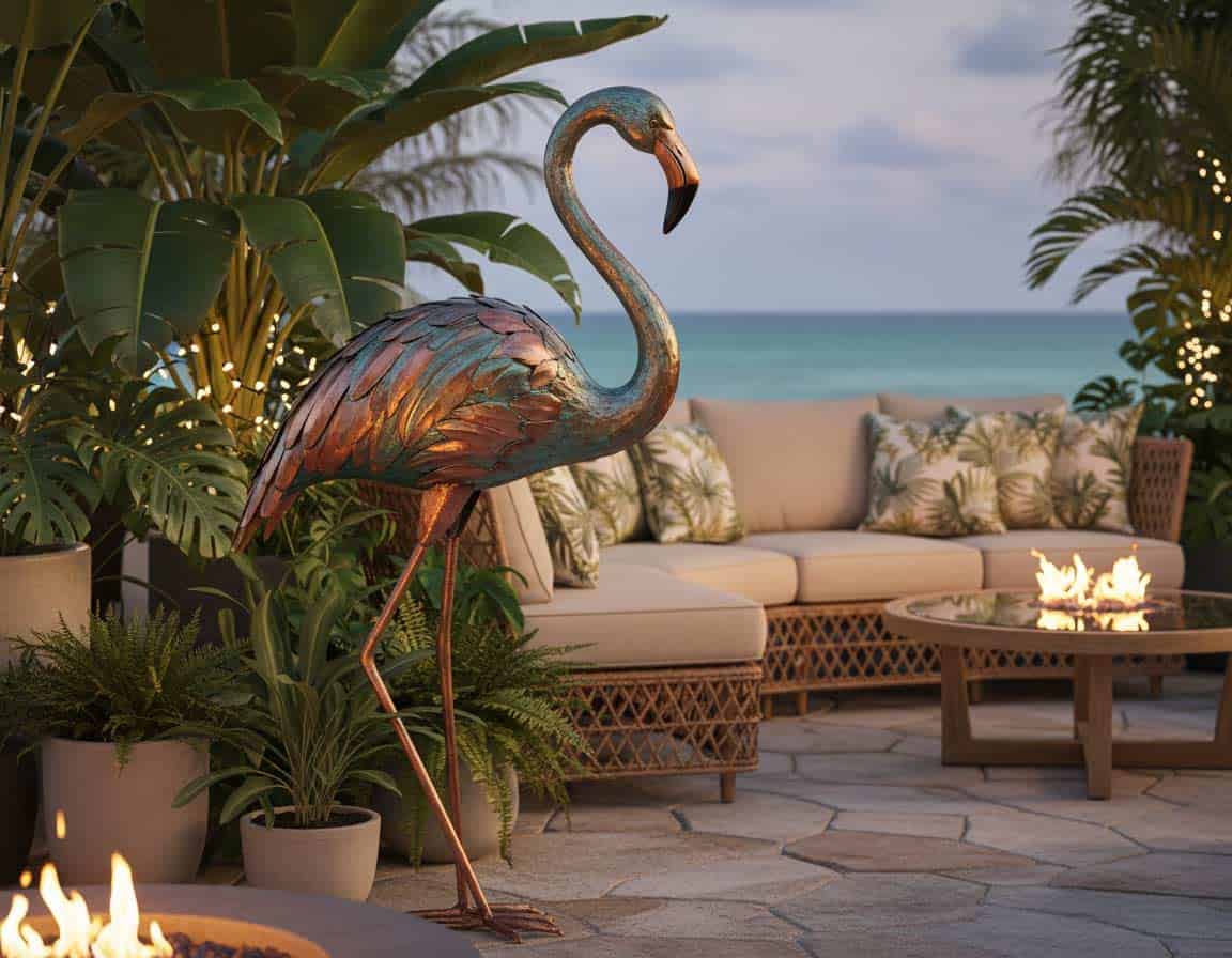 Flamingo-Deko aus Metall für tropische Outdoor-Lounges Flamingo-Deko aus Metall für tropische Outdoor-Lounges