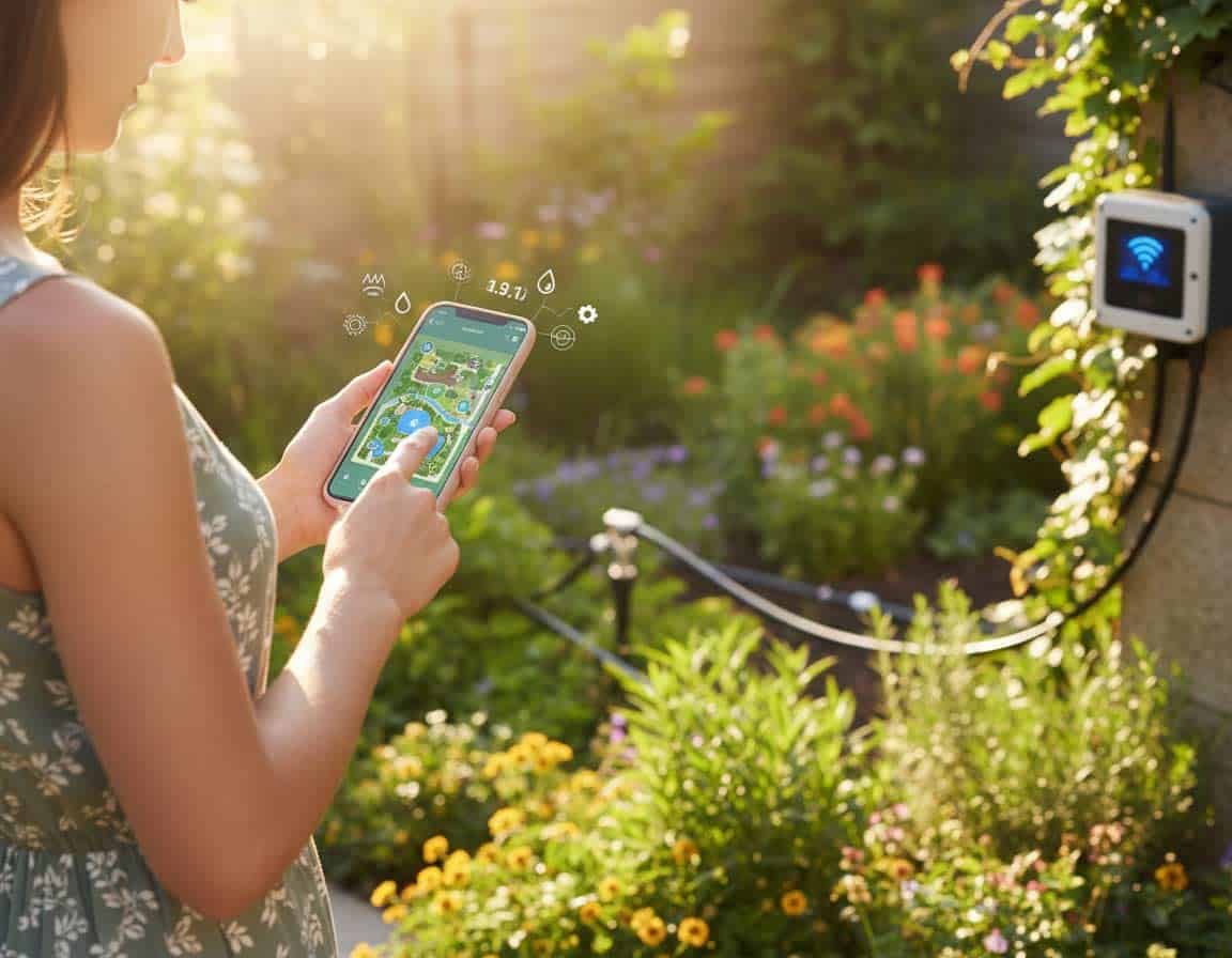 Smartes Bewässerungssystem im Garten vom Smartphone gesteuert Smartes Bewässerungssystem im Garten vom Smartphone gesteuert