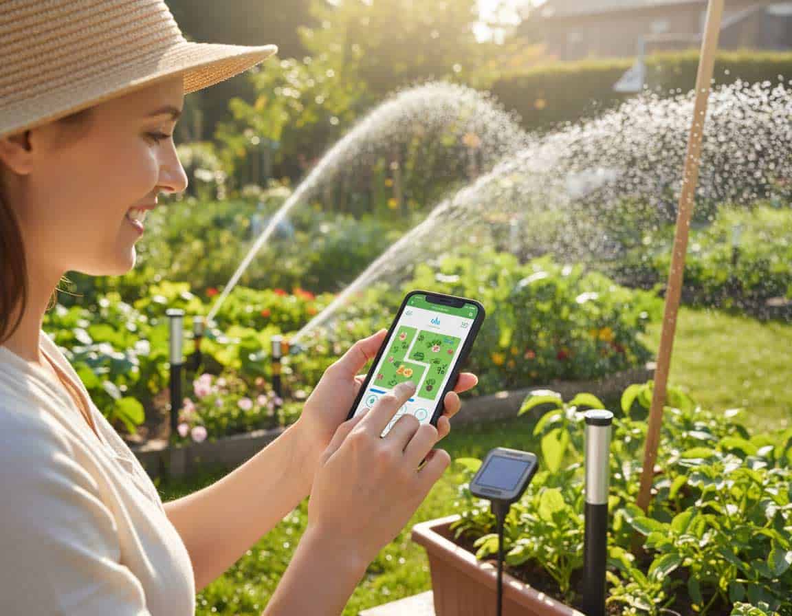 Frau mit Handy steuert KI gesteuertes Bewässerungssystem im Garten