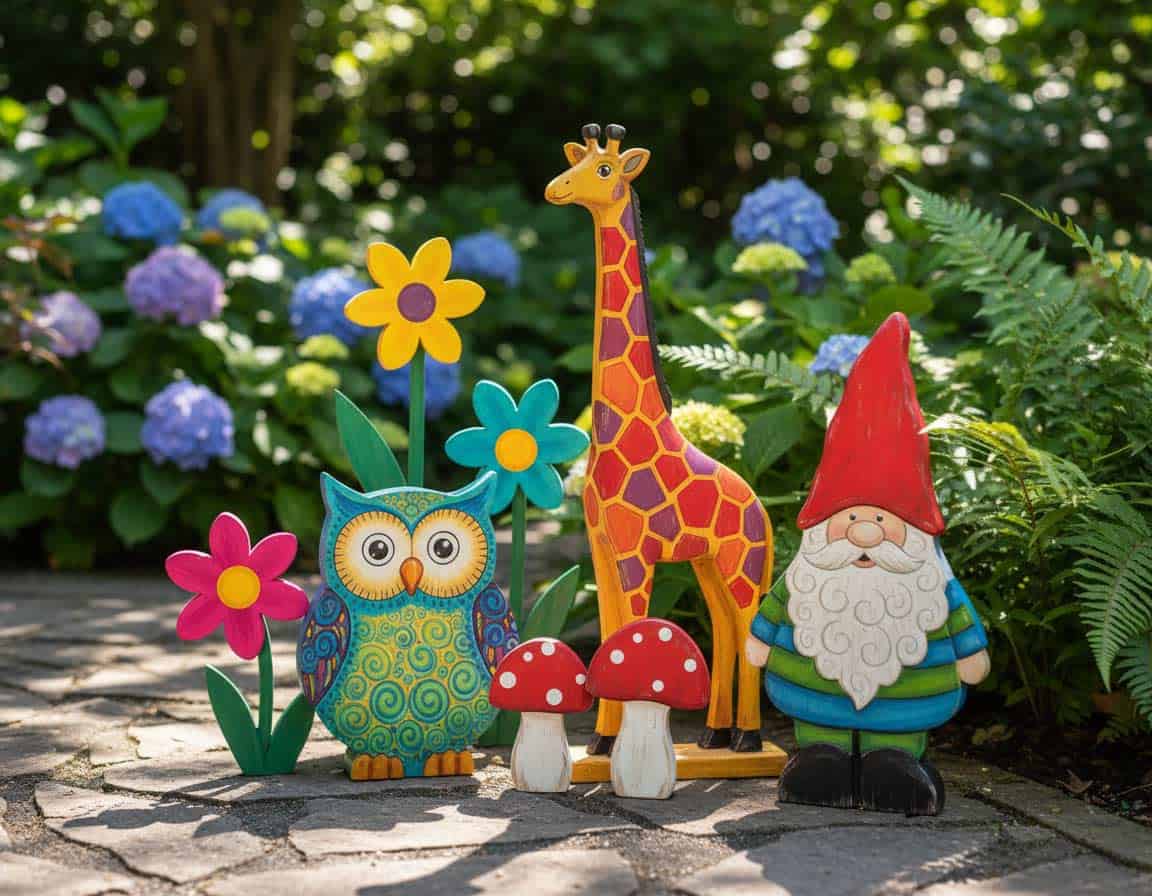 Bunte und farbige Holz Gartenfiguren Bunte und farbige Holz Gartenfiguren