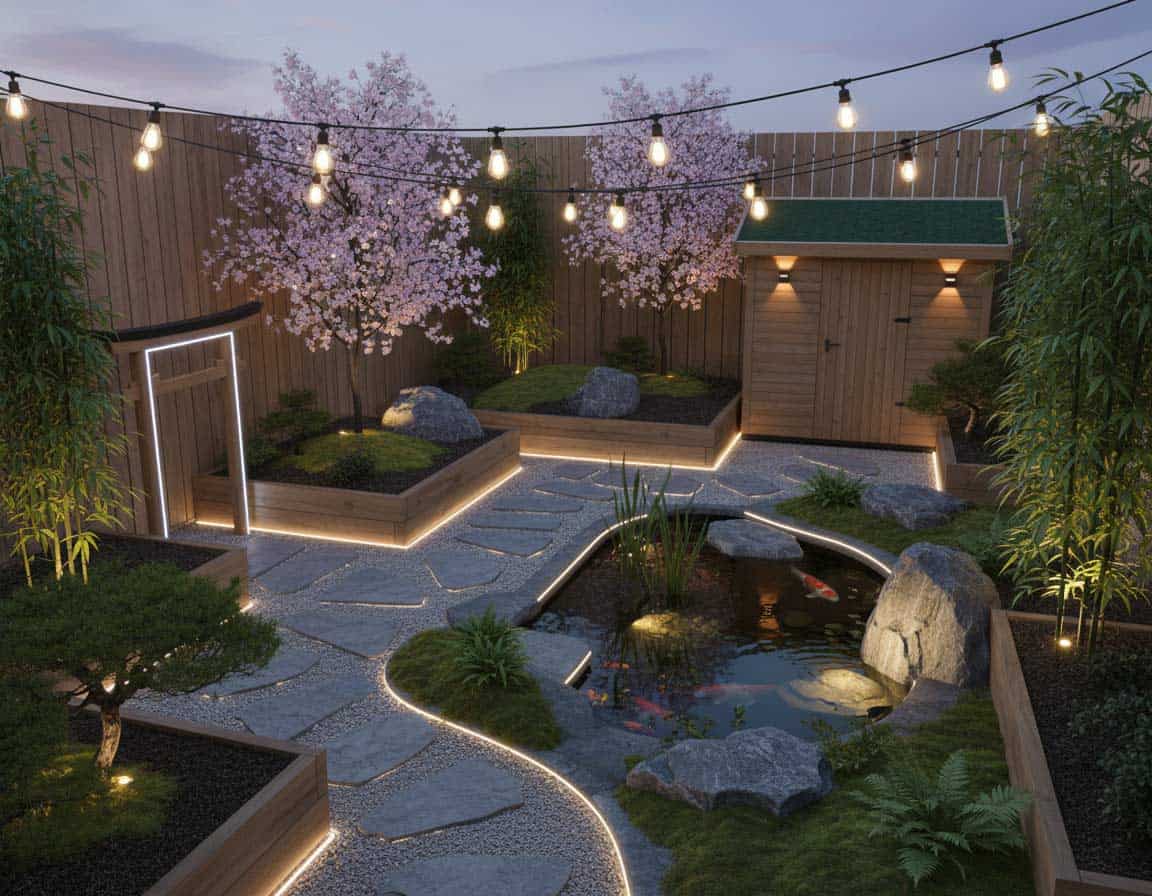 Japandi Gartenstil mit moderner Beleuchtung