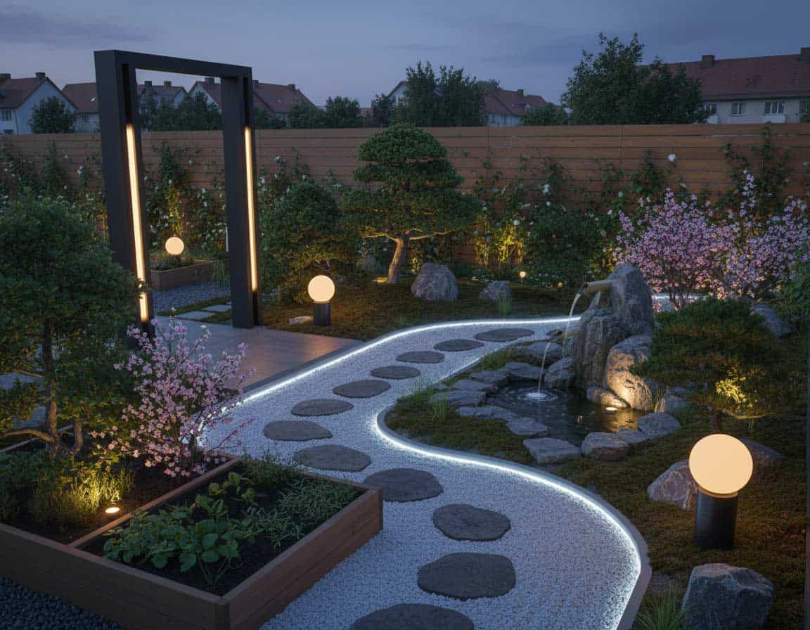 Moderne LED Lampen im japanischen Garten