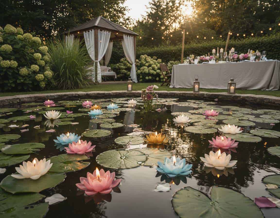Romantische Schwimmkerzen fim Gartenteich