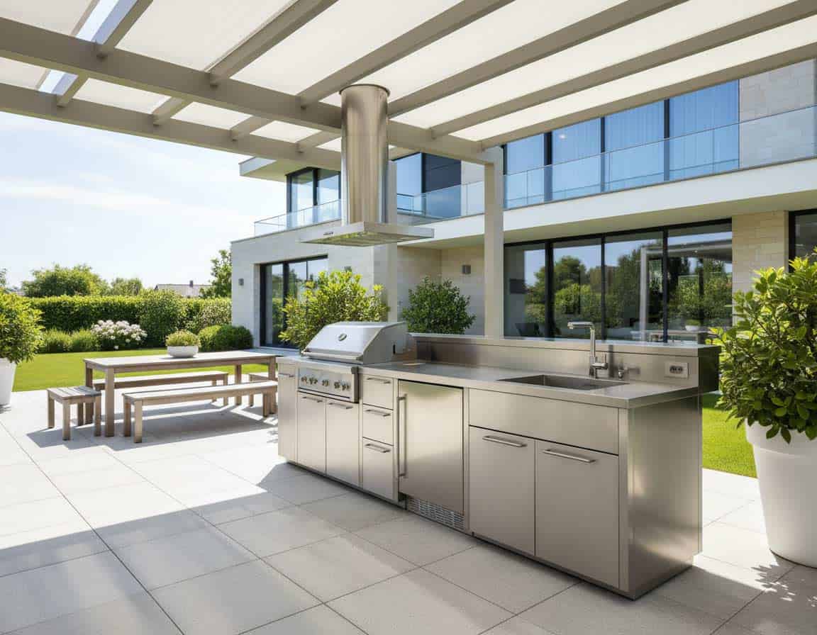 Terrasse mit moderner Outdoorküche aus Edelstahl Terrasse mit moderner Outdoorküche aus Edelstahl