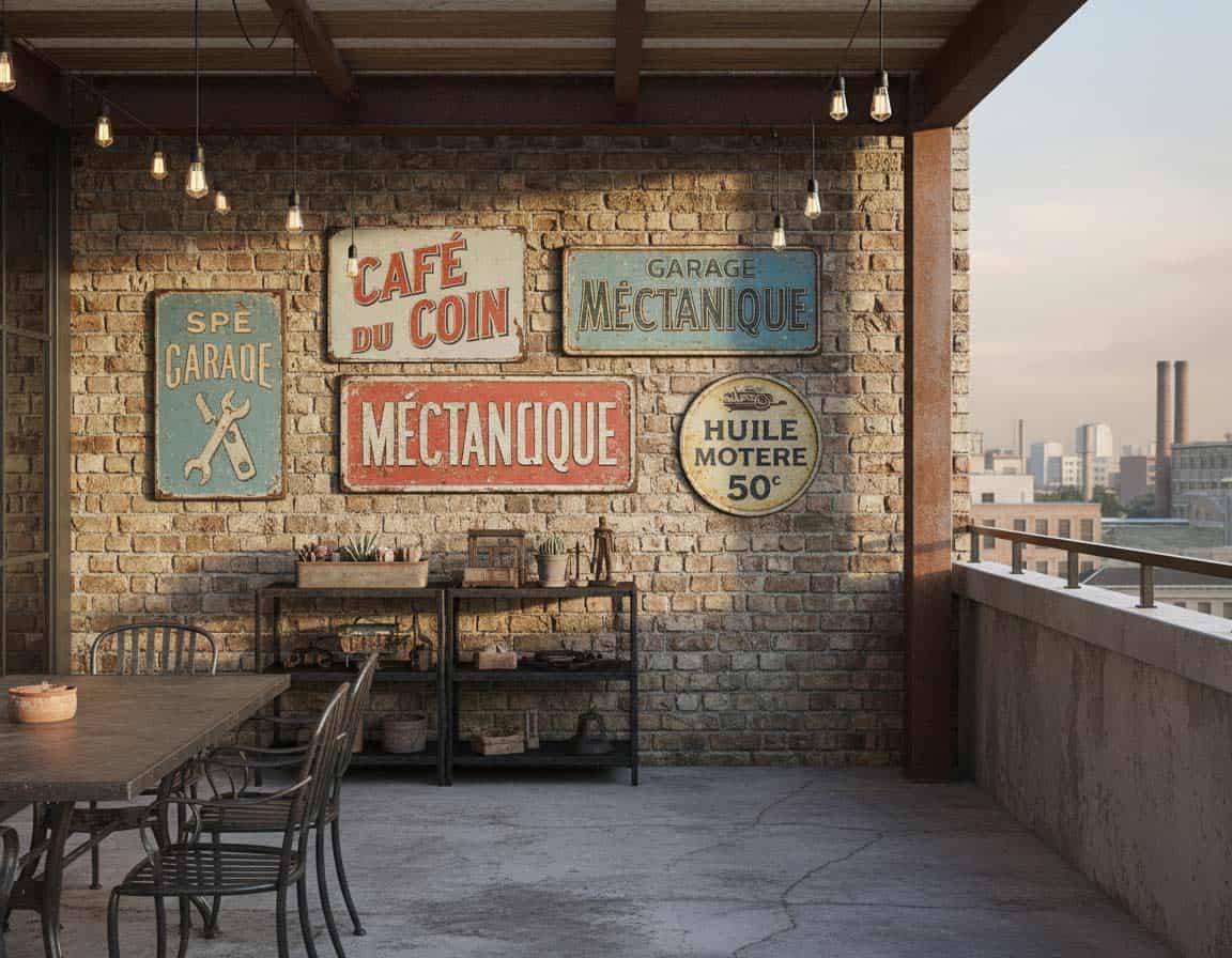Vintage-Emailleschilder als Wanddeko für Terrasse im Industrie Stil
